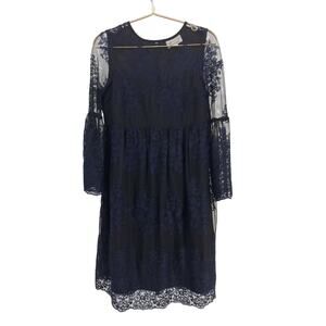 Motherhood Maternity Black Blue Floral Embroidered Sheer Bell Sleeve Dress S